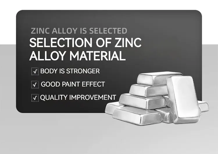 Premium zinc alloy material composition highlighting superior strength and paint finish quality