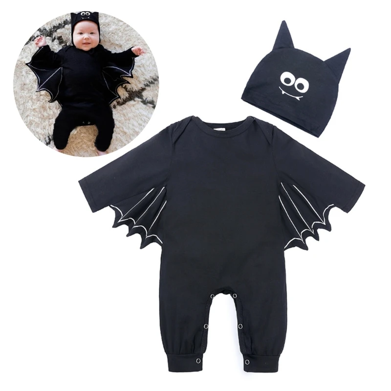 

Baby Halloween Costume Long Sleeve Bat Jumpsuit & Hat for Family Gathering Newborn Photo Props Romper Festival Outfit 0