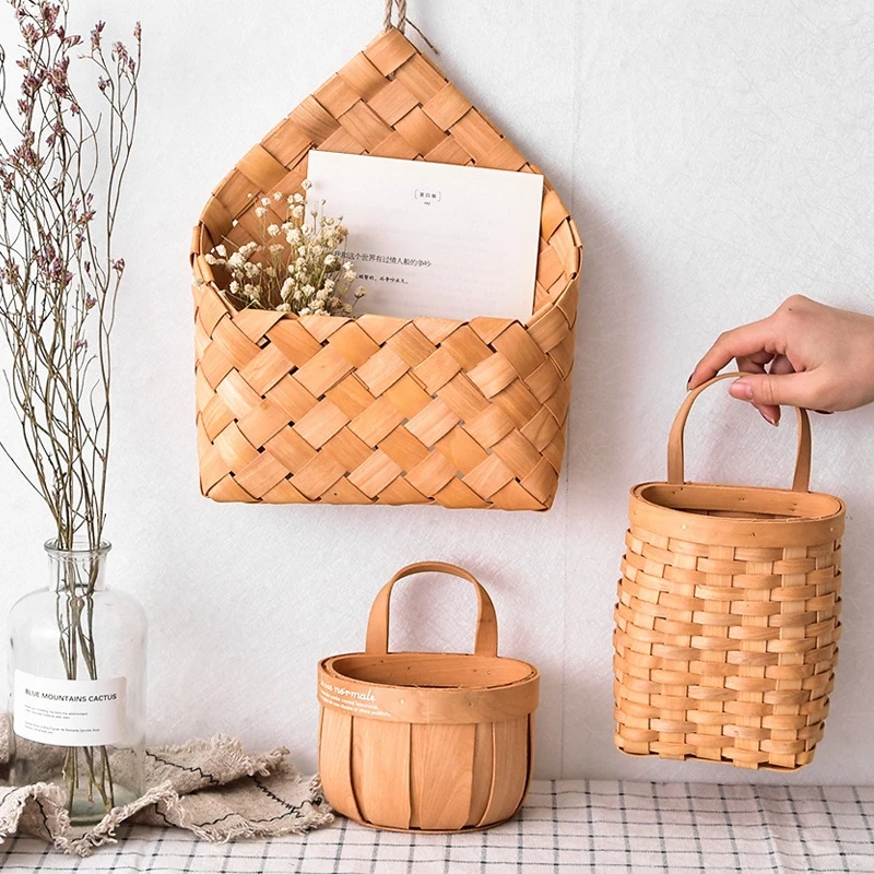 Hanging Wood Basket Handmade Woven Storage Baskets for Kitchen Garden Wall  Flower Pot Fruit Vegetable Sundries Organizer Decor