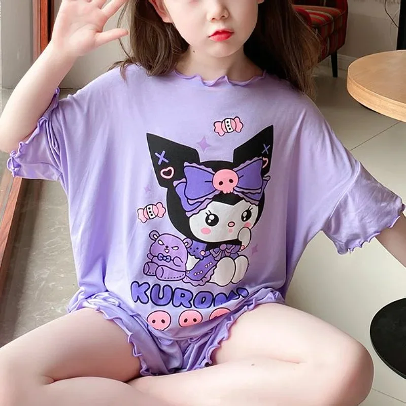 

Детская Пижама Sanrio Kuromi Cinnamoroll My Melody с коротким рукавом, летняя Аниме Пижама, детская Свободная Повседневная футболка для девочек