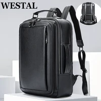 WESTAL Black Leather Backpack for Teenager Men Daypack with Strap for Carrying Multi-pockets Backpacks Handbags School Bags 2290 1