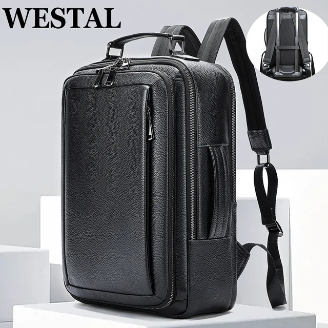 WESTAL Black Leather Backpack for Teenager Men Daypack with Strap for Carrying Multi-pockets Backpacks Handbags School Bags 2290