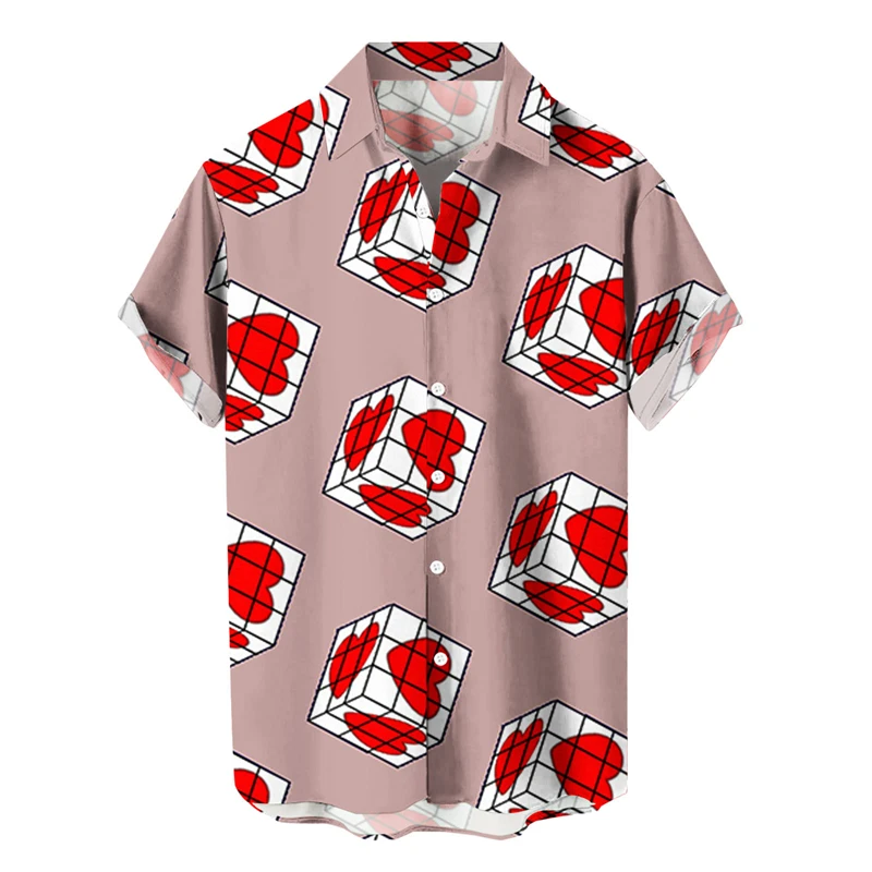 thumbnail image 1 of Camisa casual de moda para hombre con estampado 3D de patrón de amor y solapa estilo hawaiano, manga corta, ropa de playa transpirable, 1 of 4