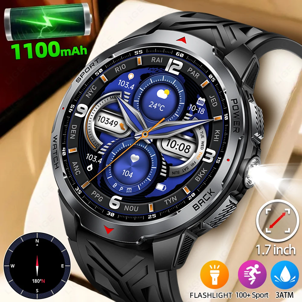LIGE Smart Watch Men 1100mAh Long Standby Compass Smartwatch Man LED Flashlight Waterproof Heart Rate Sport BT Call Smartwatches
