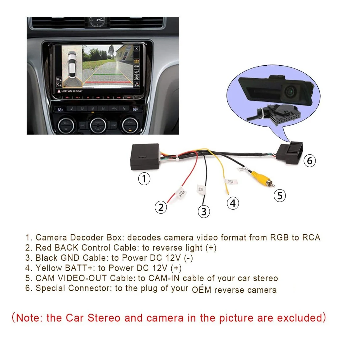 

Конвертер сигнала RGB в (RCA) AV CVBS, коробка декодера, адаптер для заводской камеры заднего вида Tiguan Golf 6 Passat CC