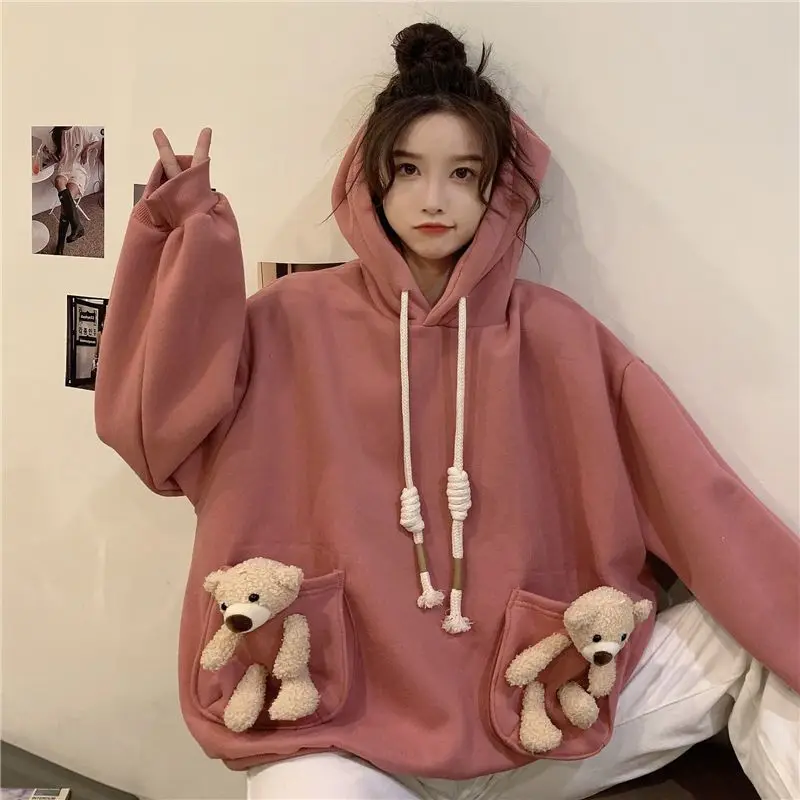 

Autumn and Winter New Cute Pocket Teddy Bear Hoodie for Women Loose Fitting Student College Style Versatile Girl Coat Clothes