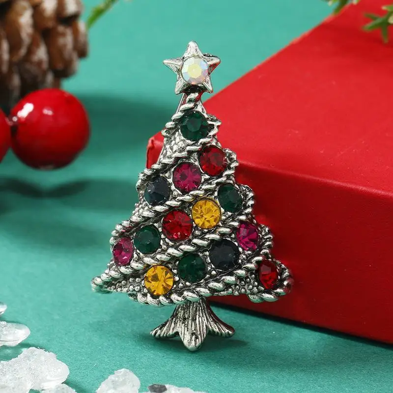 Vintage Diamond Studded Christmas Tree Brooch Alloy Rhinestone Christmas Tree Brooch Accessories Women's Holiday Brooch Jewelry