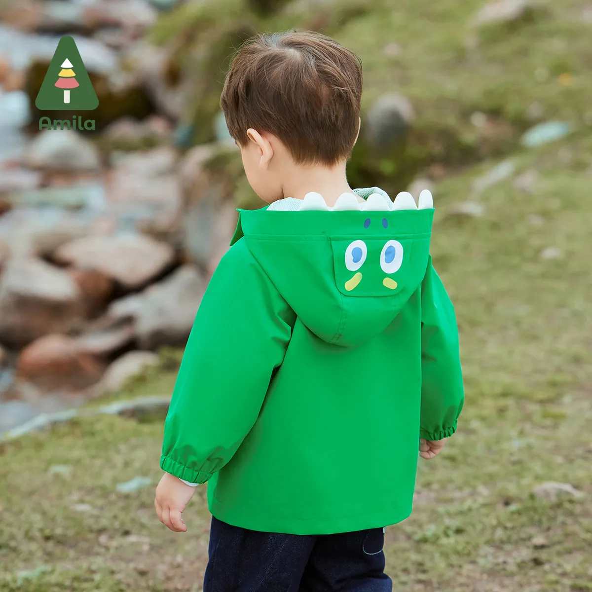 Amila Baby Boys&lsquo; Jacket Spring New Solid Color Waterproof Breathable Cute Little Dinosaur Hooded Coat