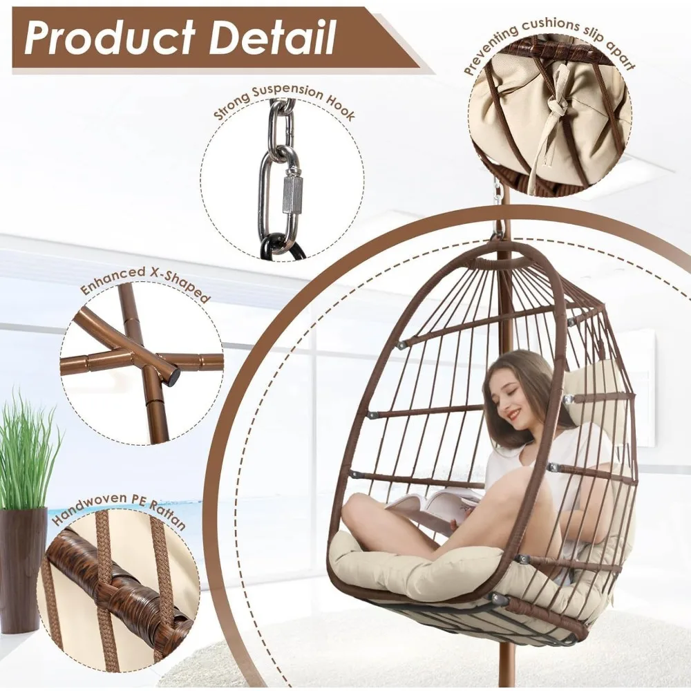 Swing Egg Chair Indoor Outdoor Patio Wicker Hanging Chair with Stand All Weather Egg Hammock Chairs with Cushions Swinging Chair 5