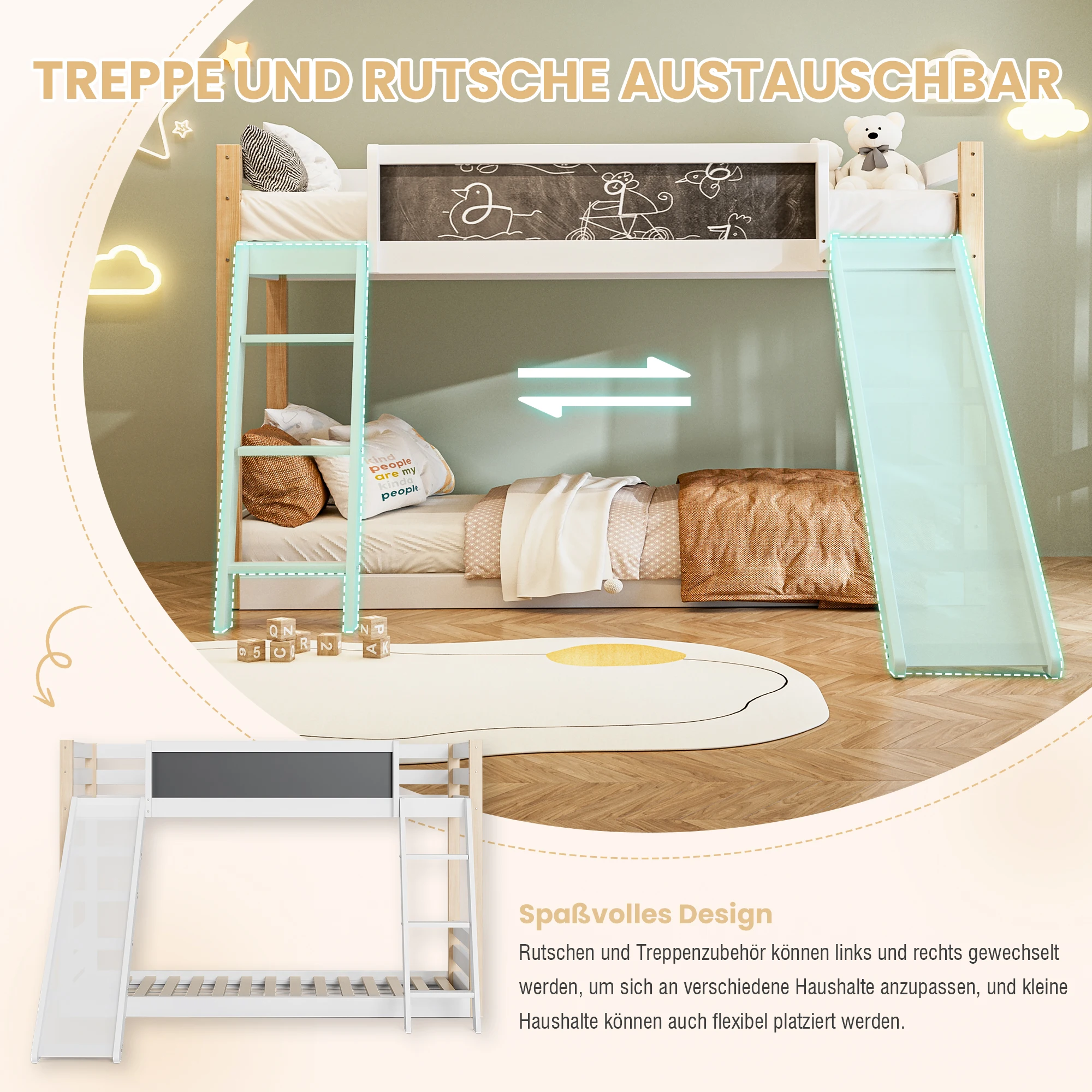 KOMHTOM Kinder Etagenbett mit Rutsche & Treppe, Stabiler Wood, PB-Rahmen, 4-seitigem Schutzgitter – Detail 6