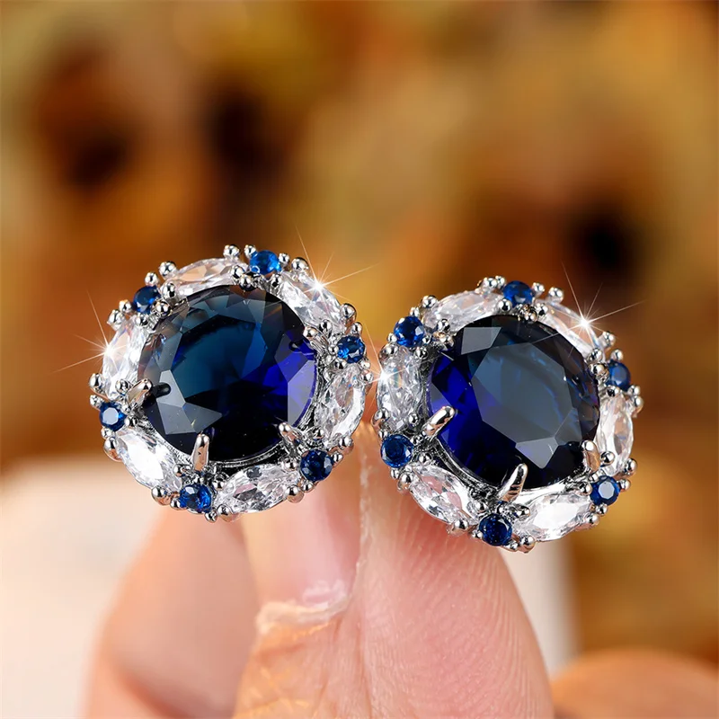Cute Female Blue Stone Stud Earrings Silver Color Zircon Stone Jewelry For Women Charm Luxury Crystal Snowflake Wedding Earring