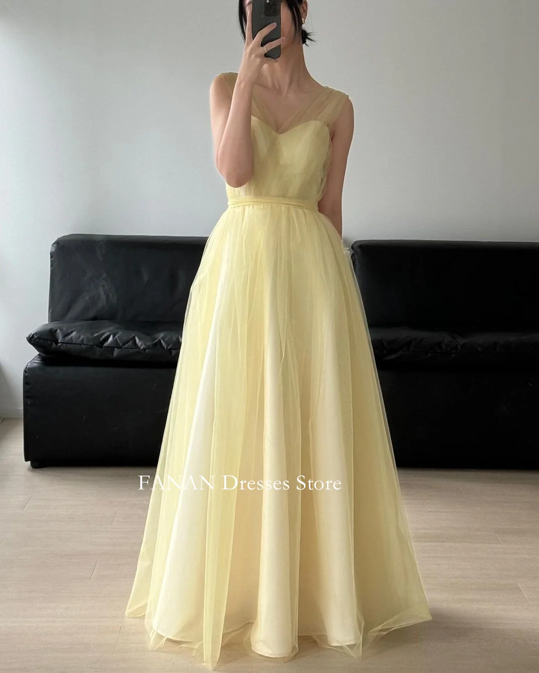 

FANAN A-Line Tulle V-Neck Elegant Evening Party Dresses Korea Yellow Sleeveless Wedding Women Formal Gowns Event Prom Gowns