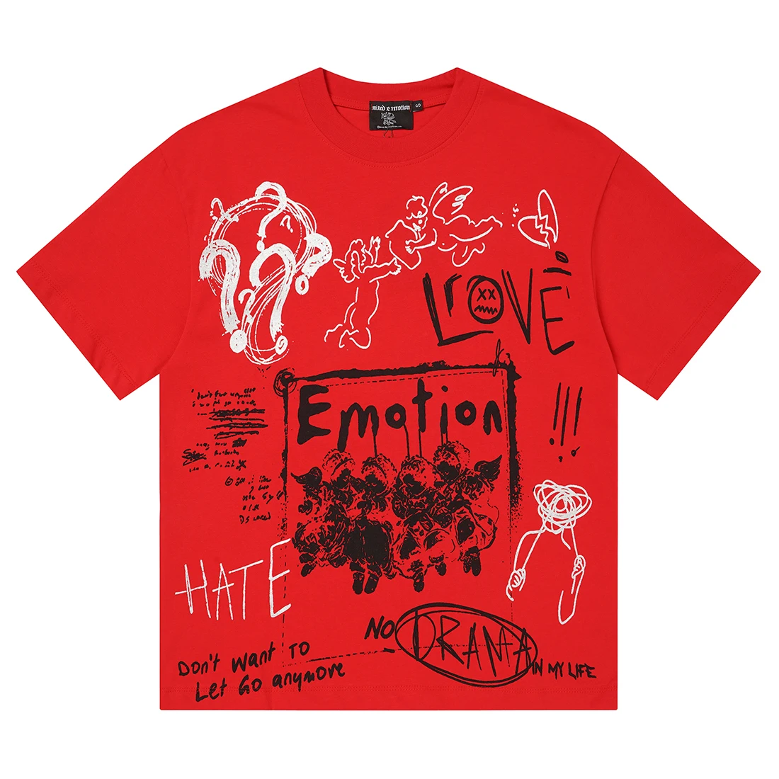 High-Street-Punk-Graffiti-Engel-Print T-Shirts für Männer, Übergroße Rote Kurzarm-Grafik-Tops, Lässige Kleidung aus Baumwolle für den Sommer