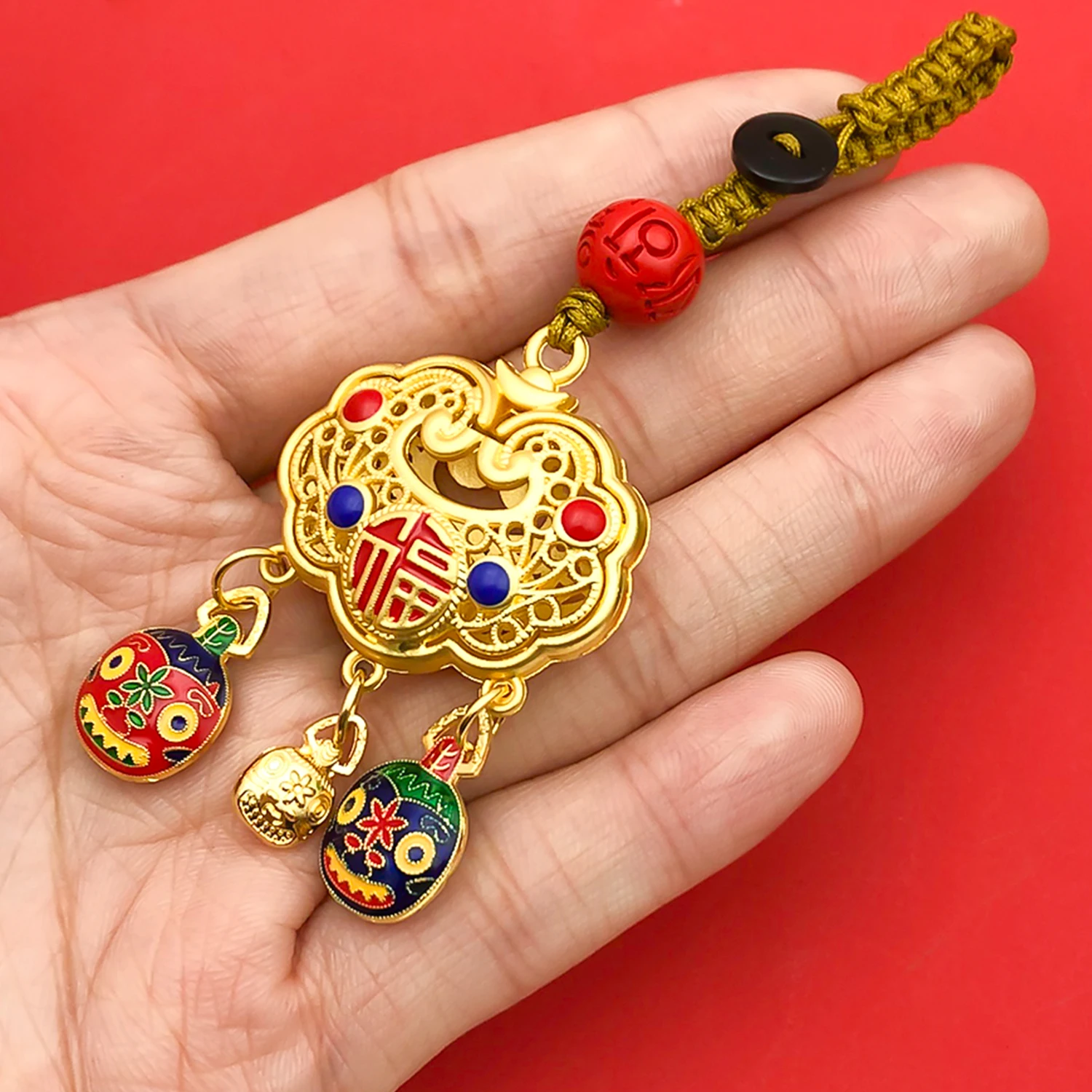 Drip-Painted Red and Gold Chinese Charms (Calabash & Fortune Lock) - Perfect for Jewelry Crafting