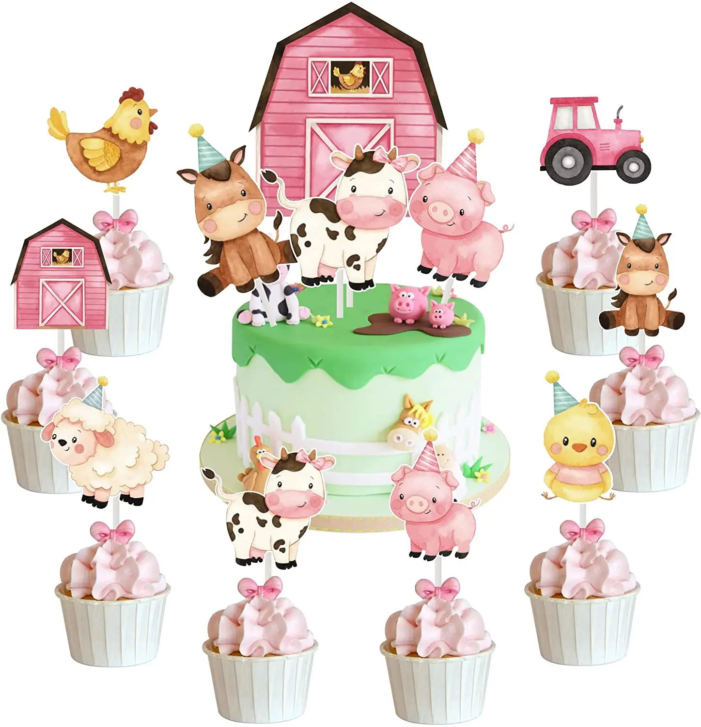 

Pink Farm Animals Birthday Cake Decorations Farm Animals Themed Cake Cupcake Topper for Girl Baby Shower Birthday Party Supplies