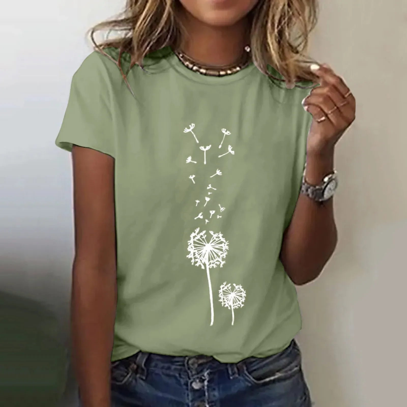

Women Dandelion Print T Shirt Summer Round Neck Short Sleeve Tshirt Y2k Loose Pullover Casual Sports Tee Shirt Female T-Shirt