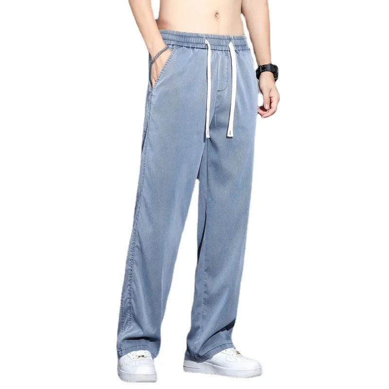 Summer Soft Lyocell Fabric Men's Jeans Thin Loose Straight Pants Drawstring Elastic Waist Korea Casual Trousers Plus Size denim pants denim trousers lyocell jeans