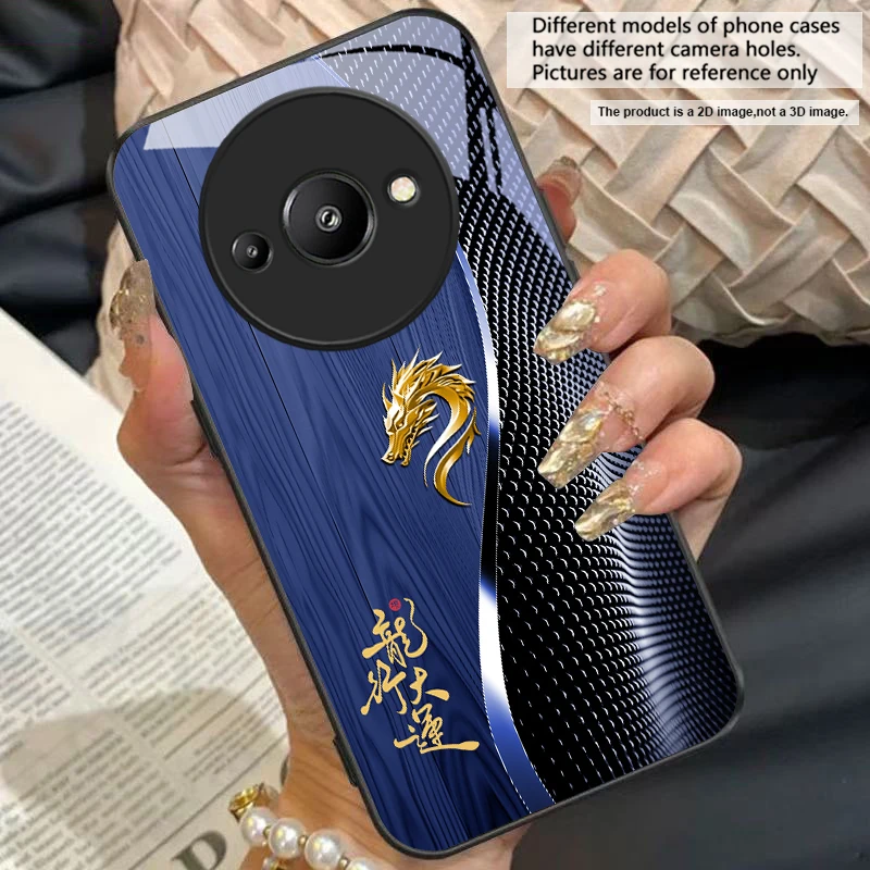 Elegant Black Tempered Glass Phone Case with Traditional Dragon Totem Design