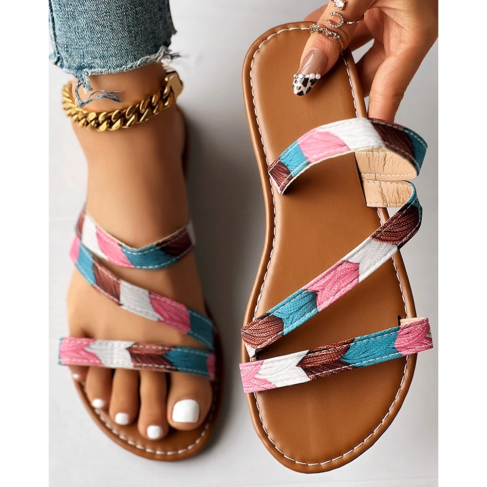 2024 Fashion Women Colorblock Strap Peep Toe Flat Sandals Lady Summer Casual Slingback Going Out Flats Party Shoes Sandals