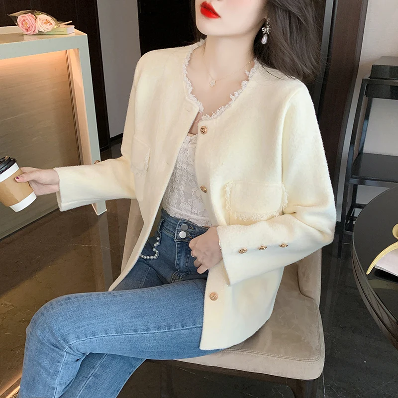 

2023 New Early Autumn Women Elegant Tweed Small Suit Short Jacket Chic Top Autumn and Winter Office Lady Loose O-neck Suit Coat