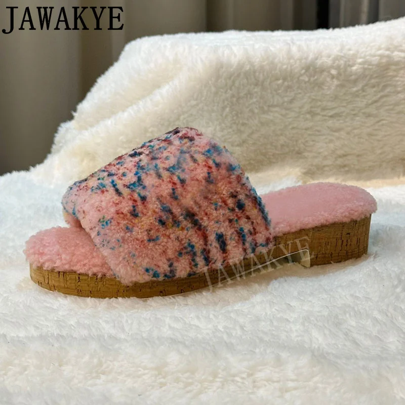 

Popular Brand Wool Slippers Wooden Effects Low Heel Outdoor Mules Autumn New Women Runway Party Slides Fur Shoes Women Mujer