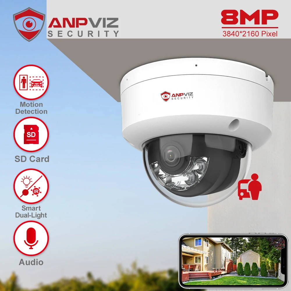 Anpviz 4K Poe Ip Dome Camera Outdoor Smart Dual-Light Color Vu 30M Ip67 Cctv Videosorveglianza Slot Per Scheda Sd Rilevamento Umano/Auto