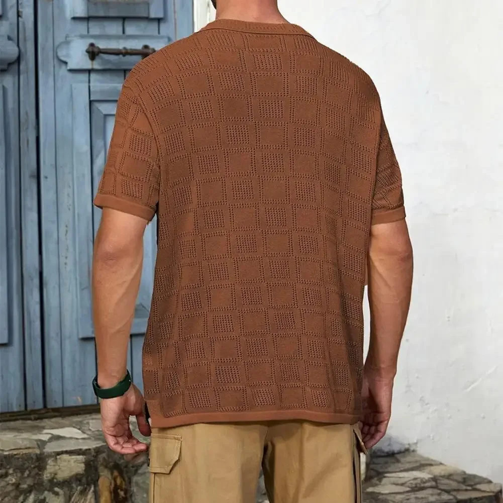 Description Picture 5 of itemLapel Men Shirt Men's Summer Short Sleeve Shirt Lapel Design Solid Color Geometric Pattern Breathable Top for Work Vacation