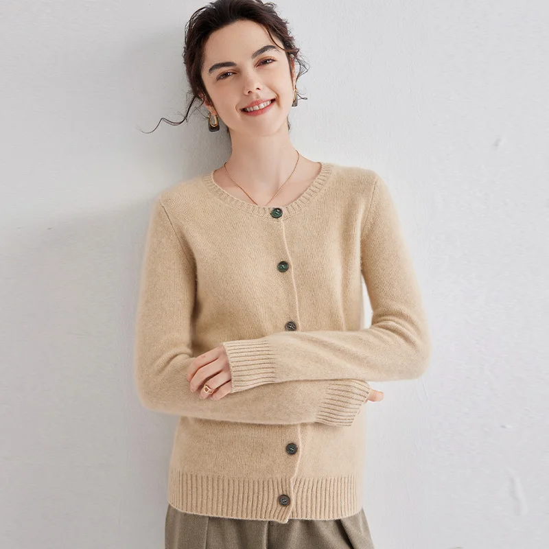 Cashmere cardigan women'sO-neck solid color long-sleeved cashmere coat is slim and versatile knitted sweater. 6