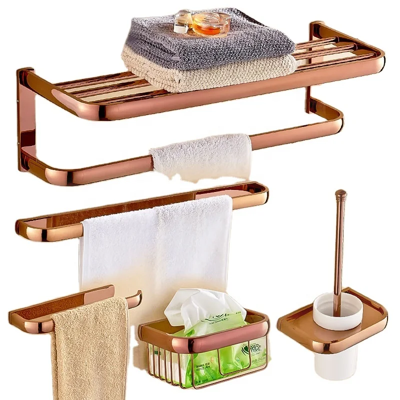 

Rose Gold Color Brass Square Bathroom Accessories Towel Shelf Towel Holder Toilet Paper Holder Wall Mounted Bath Hardware Sets