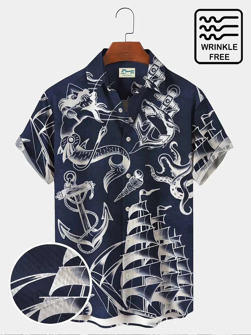 New Men's Short Sleeve Shirt Sailing Print Men's Hawaiian Lapel Top Beach Casual Large Size Comfortable Shirt