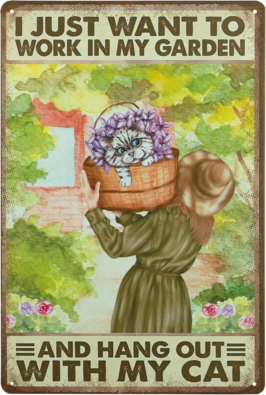 

Декор для сада. Я просто хочу поработать в своем саду и пообщаться с кошкой. Винтажный металлический жестяной знак.