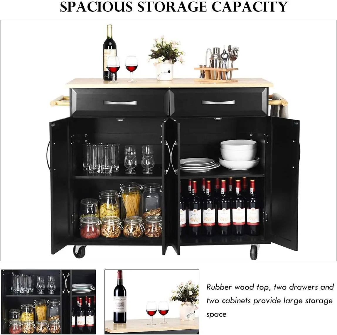 Kitchen Island Cart, Rolling Trolley Cart Utility Cabinet w/Rubber Wood Top, Large Storage Easy-Clean with Smooth Lockable Wheel