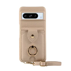 Dual-Function Leather Phone Case with Crossbody Ring and Mirror Wallet for Google Pixel 7 (Khaki)