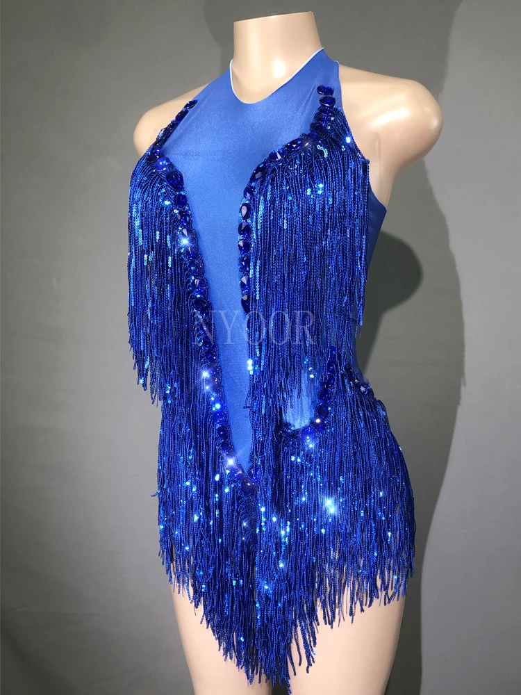 Sparkly Rhinestones Sequins Tassel Leotard Women Nightclub Outfit Singer Dancer Costume Stage Wear Sexy Performance Bodysuit