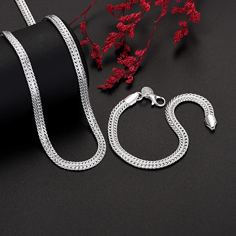 

Luxury 925 Sterling silver fine 6MM geometry chain bracelet neckalce jewelry set for women man fashion Party wedding Accessories