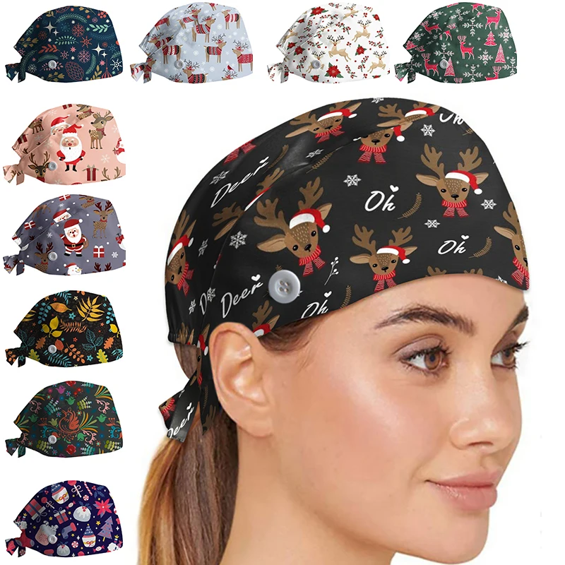 

Operating Cap Christmas Cap Surgical Printed Hats Adjustable Nurse Cap Dust-proof Sweat-absorbing Hats Party Headgear Cute 1pcs