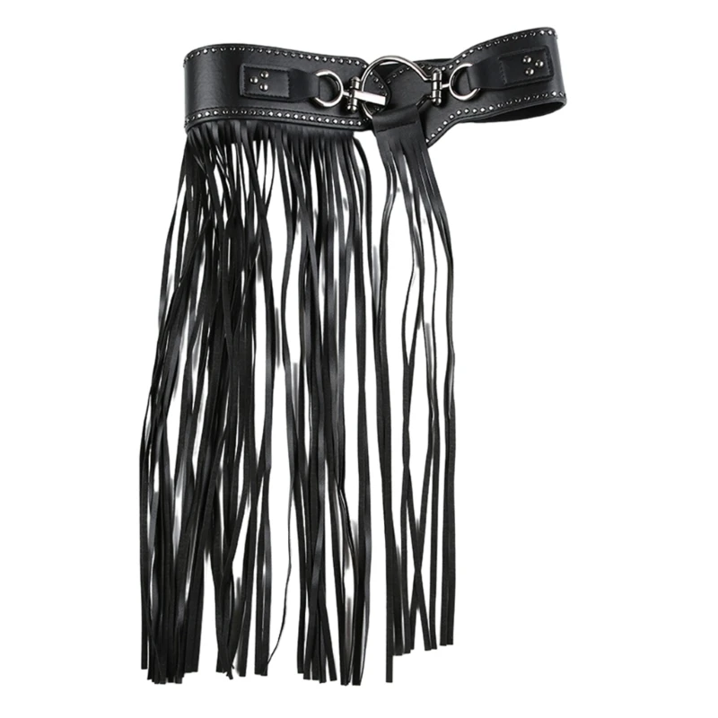 Women Vintage Punk Waist Belt Y2K Cool Girls Cowgirl Long Tassels Wide Studded Belt Body Chain for Dress Skirt Club Stage Dance