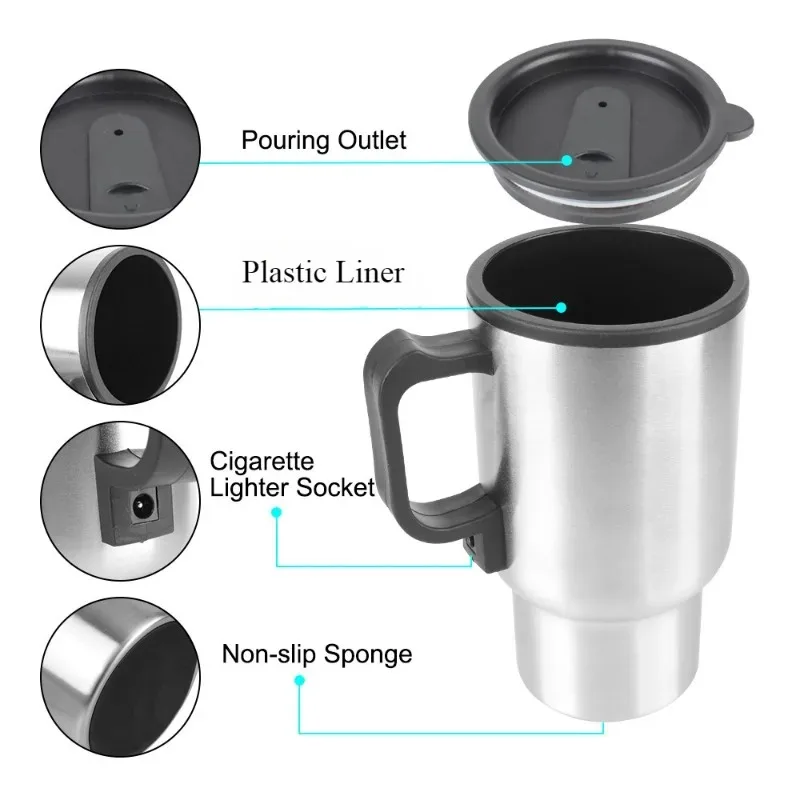 12V 450ml Electric Heating Car Kettle Water Coffee Milk Thermal Mug Camping Travel Kettle Vehicle Heating Bottle 6