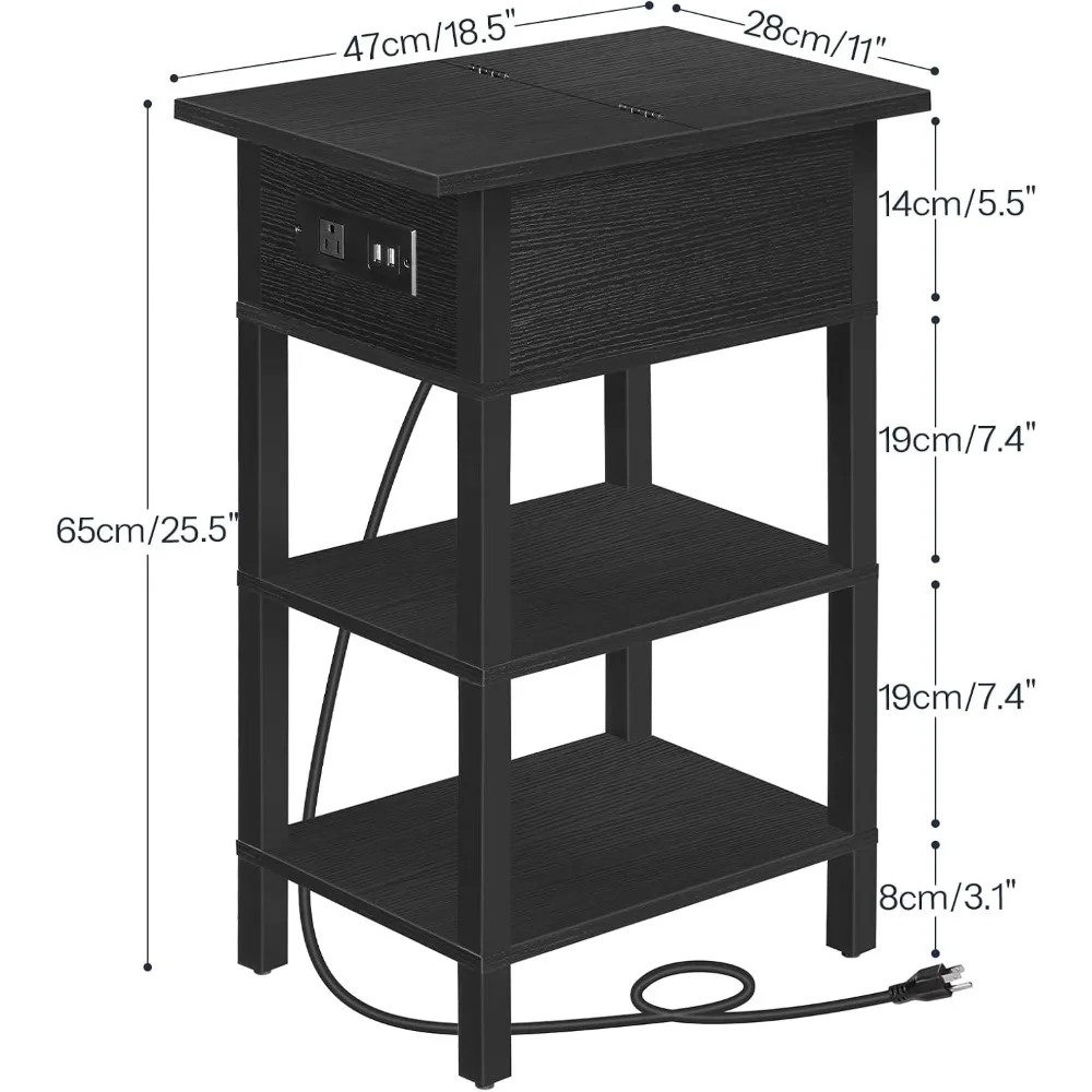 End Table with Charging Station, Flip Top Bedside Table with USB Ports, Narrow Nightstand with Storage Shelves, for Small Space 3