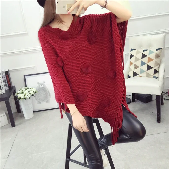 

Spring Autumn Tassel Shawl Female Cloak Wool Ball Sweater Coat Loose V-neck Girl Warm Fashion Leisure Red Shawl Wrap Sweater