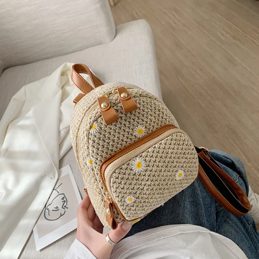 

Соломенная Сумка с цветочной вышивкой, Модный ажурный мини-рюкзак для студентов, маленький пляжный соломенный ранец