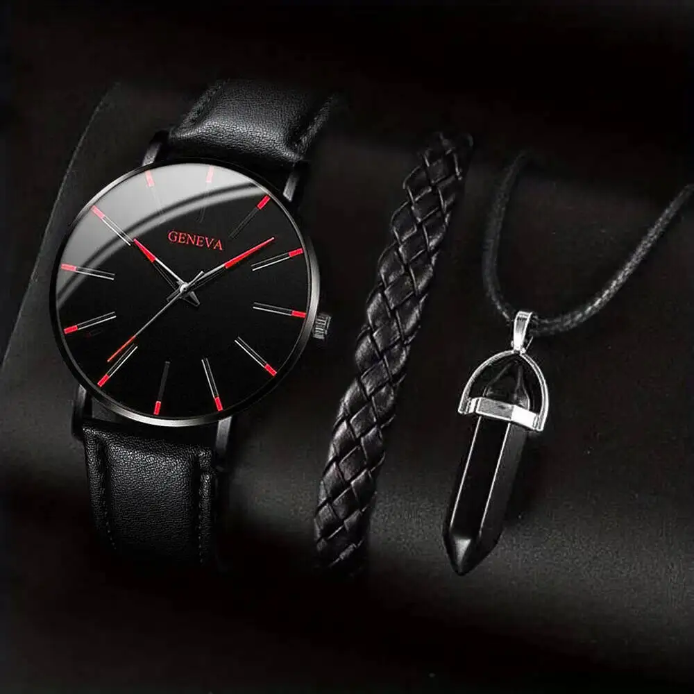 Quartz Watch 3PCS Men's Leather Band for Business Fashion