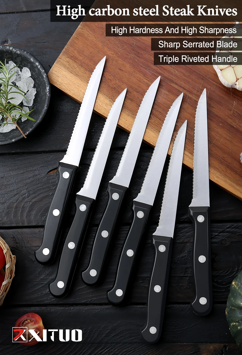 Description Picture 2 of itemXITUO 6-12pcs Steak Knives Set Full Tang Stainless Steel Sharp Serrated Dinner Knives Set Outdoor BBQ Knife Cut Meat Bread knife