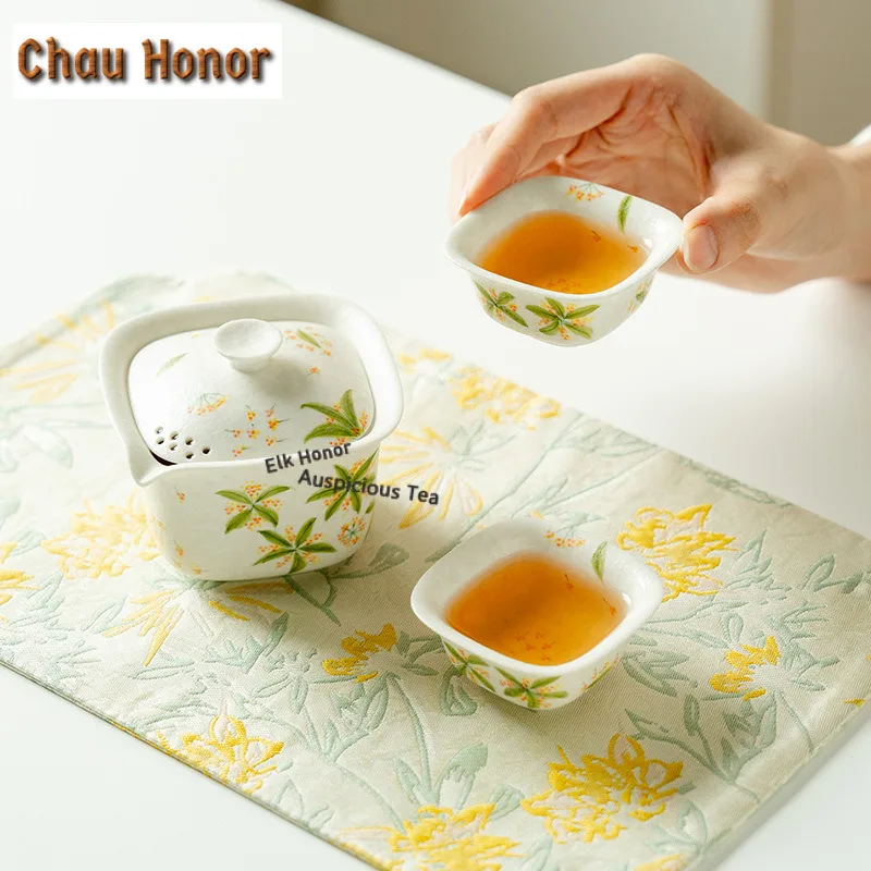 Hand-painted Osmanthus Flowers Travel Tea Set Kit Antique 1 Pot 2 Cups Tea Brewing Organizer Portable Picnic Tote Bag Decoration