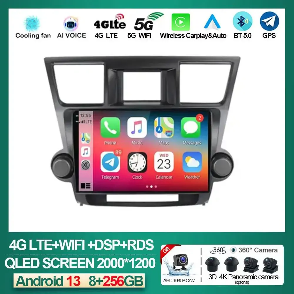 

4G LTE Carplay DSP Android 13 Car Radio for Toyota Highlander 2 XU40 2007 - 2013 Stereo Multimedia Video Player Auto Navigation