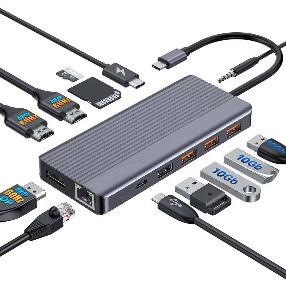 GETATEK 13 in 1 USB C HUB to Dual 4K60Hz HDMI-Compatible DP USB 3.2 Adapter Ethernet PD100W SD Card Reader for MacBook Pro Air