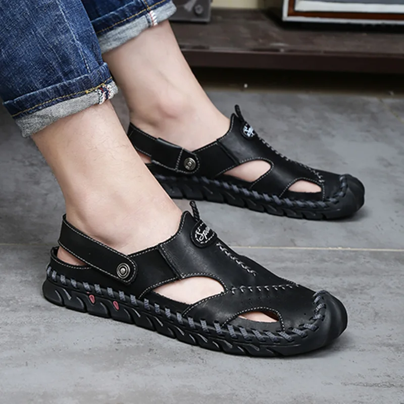 

Summer Men Sandals Breathable Genuine Leather Casual Shoes Handmade Outdoor Mens Slippers Beach Sandals flat Trekking Footwear