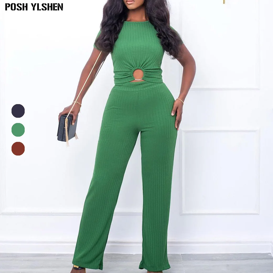 

Two Piece Set Women Tracksuit Summer Clothes African Dresses for Women Vestido Casual Party Rib Crop Top + Pants Suits Outfits