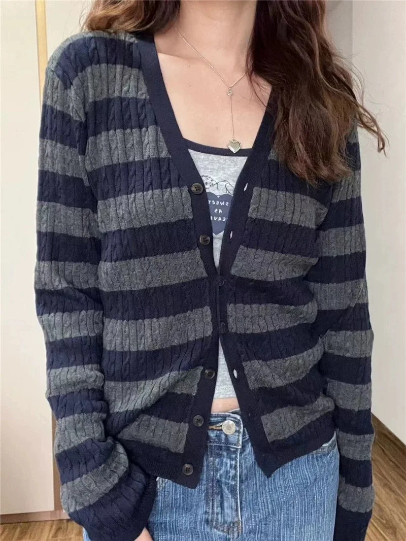 

Sweet Women Black Tank Top Sweater V-neck Striped Twist Cardigan Sweater Sacket 2024 New Fashion Female Lace Solid Crop Top