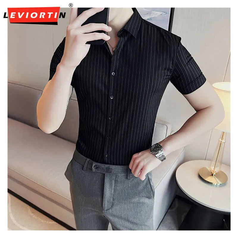 

British Style Summer Business Formal Wear Short Sleeve Striped Shirts For Men Clothing 2023 Slim Fit Casual Tuxedo Chemise Homme